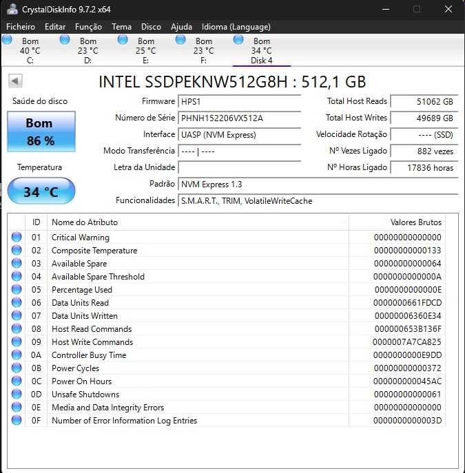 SSD 512 NVM Express 1.3 - Intel e Western Digital441820044634378241
