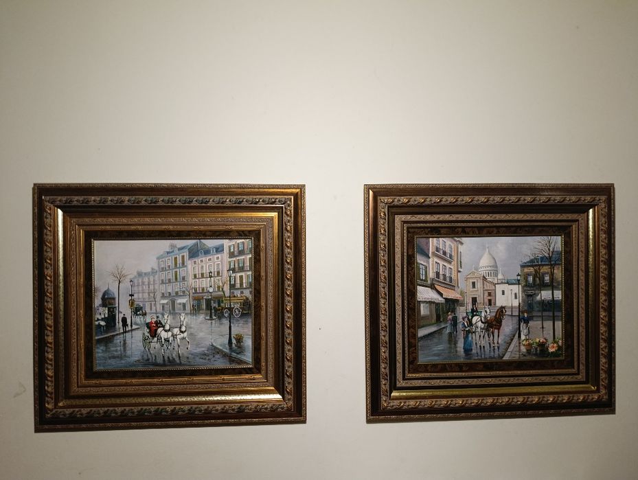 Par de pinturas a óleo sobre tela – ruas parisienses,  Belle Époque