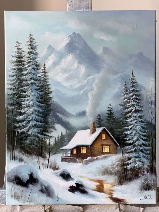 Картина «Зимовий будинок в горах»розмір 35-45см