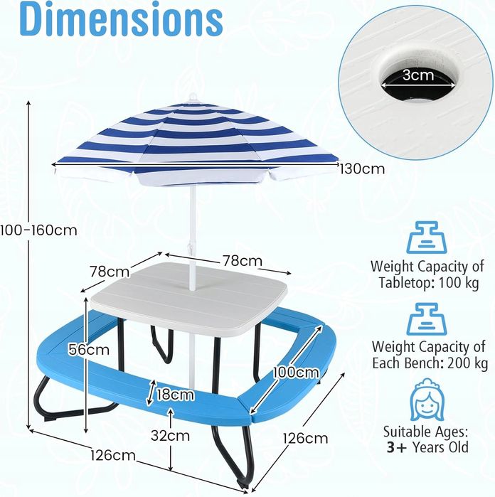 Zestaw Piknikowy Dla Dzieci 8 Osób Stół + Parasol + 4 Ławki HDPE