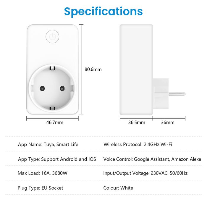 Умная розетка WiFi Tuya smart life,мониторинг потребления,Alexa Google