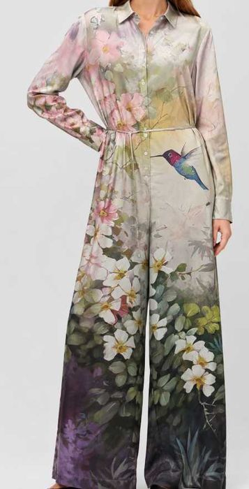 Elegancki kombinezon maxi z motywem kwiatów i kolibra L , XL, XXL