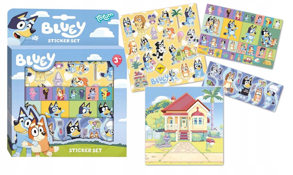 Zestaw kreatywny SCENKI naklejki dla dzieci Bluey 3 arkusze TOTUM tło