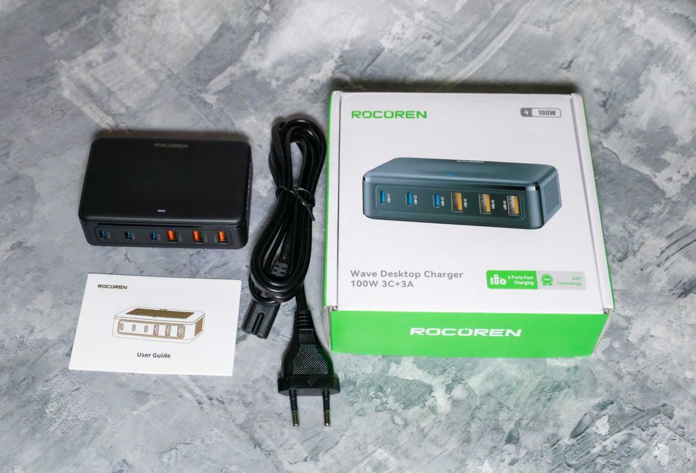 100W 6 портів (3 USB C + 3 USB A) ROCOREN GaN зарядний пристрій, 220 V