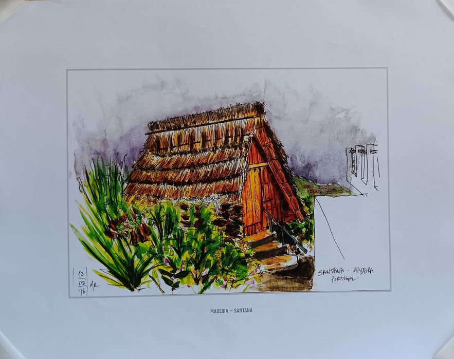 Madeira em litografia de aguarela de Miguel Resende