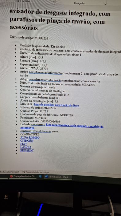 Pastilhas travões automóvel
