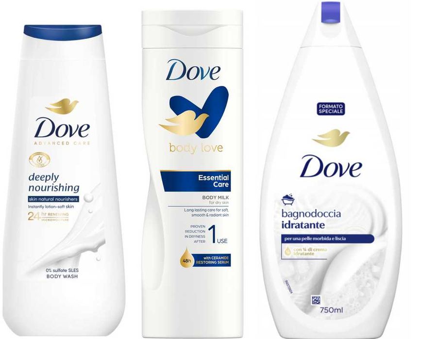 Dove płyn do kąpieli 750ml + żel pod prysznic 400ml +balsam do ciała