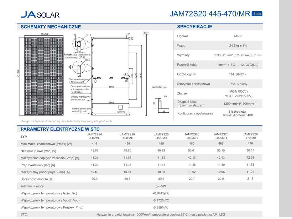 Panele Fotowoltaiczne JA SOLAR 455W JAM72S20-455/MR