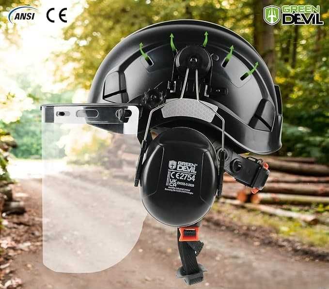 Kask GREEN DEVIL 3w1 Czarny Ochrona Słuchu + Twarzy EN397 EN352-3