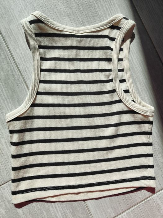 H&M S crop top w paski kremowy basic prążkowany