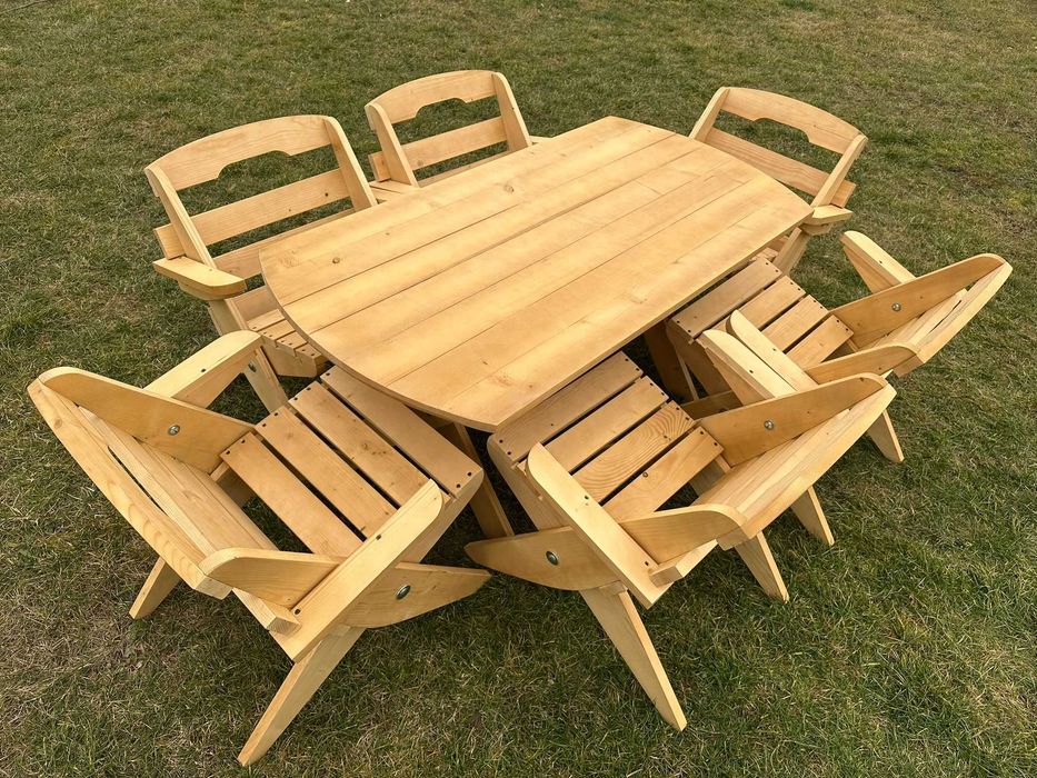 Meble Ogrodowe składane drewniane + poduszki NOWE stół+ 6 krzeseł