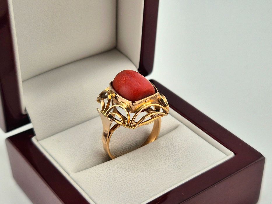 Cudowny stary złoty pierścionek z koralem 8,14g PR.585 14K R.19,5 - Cash Lombard SKUP ZŁOTA Bulwar Ikara 17