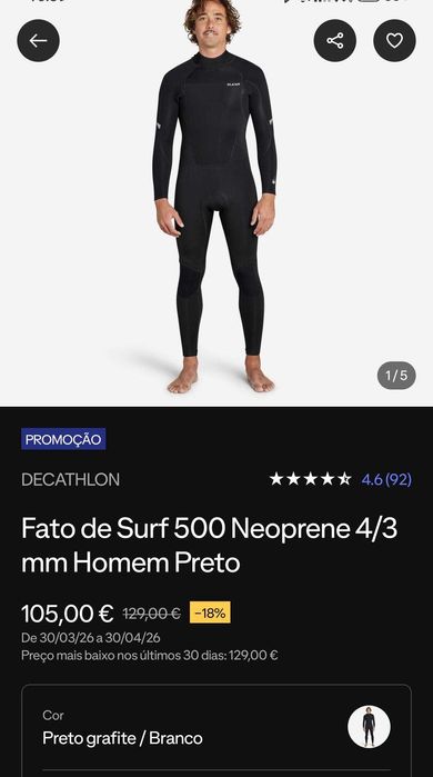 Fato de Surf 500 Neoprene 4/3 mm Homem Preto