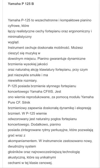 Pianino cyfrowe YAMAHA P -125B + statyw + ława + sluchawki