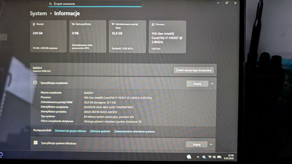 Laptop 2w1 Dell Inspiron 5406 2in1 – i7-1165G7 / 16GB RAM / SSD 256GB / MX330 / Ekran dotykowy