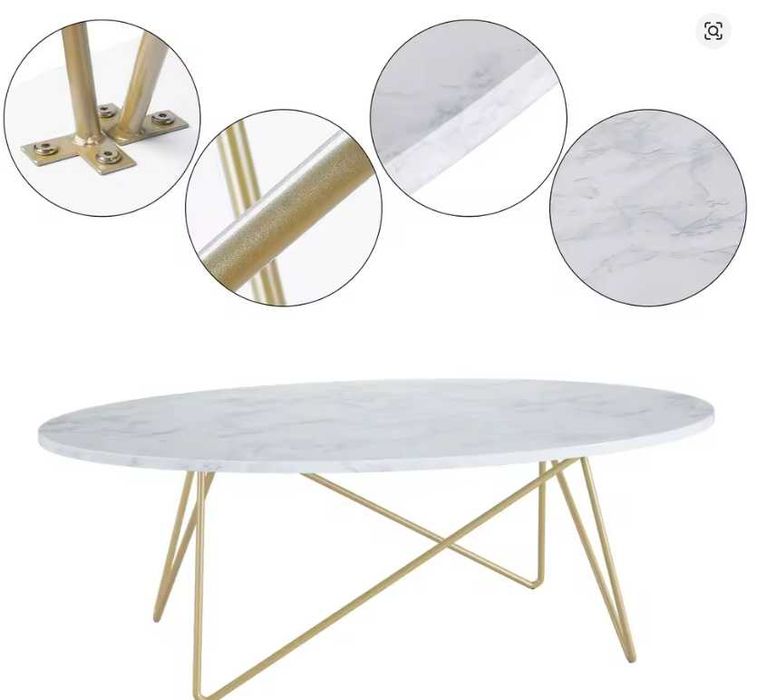 Stolik kawowy Getone,ława z efektem marmuru, 120x60x41cm białe złoto