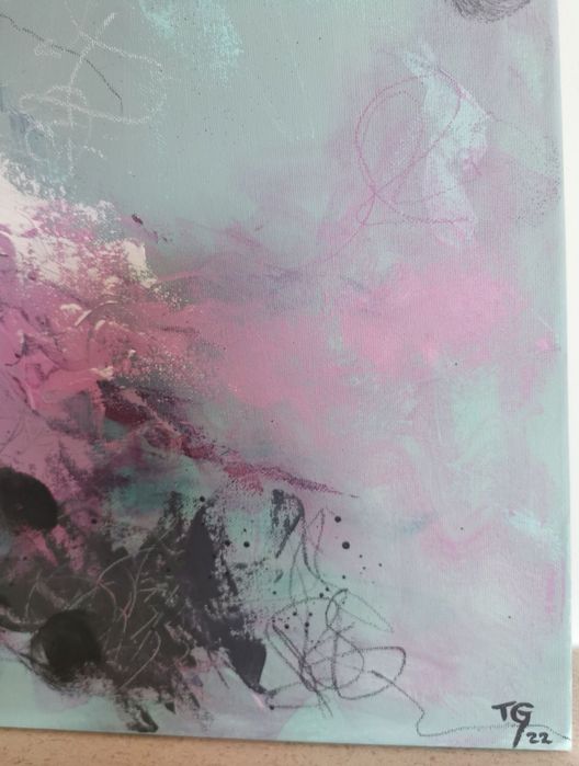 Quadro em tela original em acrílico, tons verde e rosa