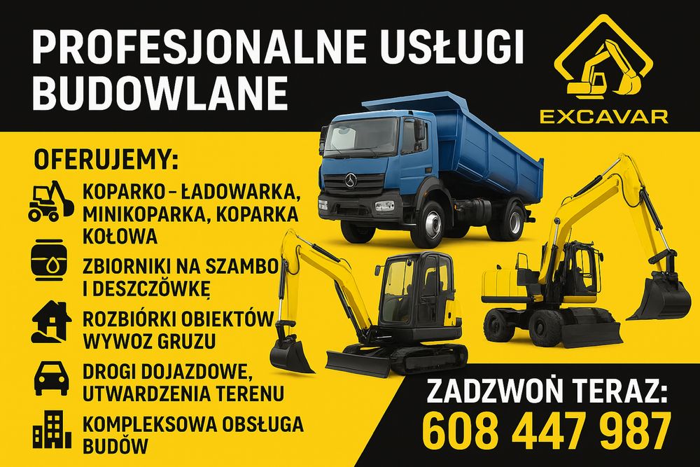 Minikoparka Koparko-Ładowarka Wykopy Koparka Obrotowa Rozbiórki Gruz Ziemia