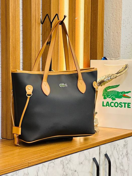 Сумка большая черная белая  женская Lacoste Шопер Лакоста