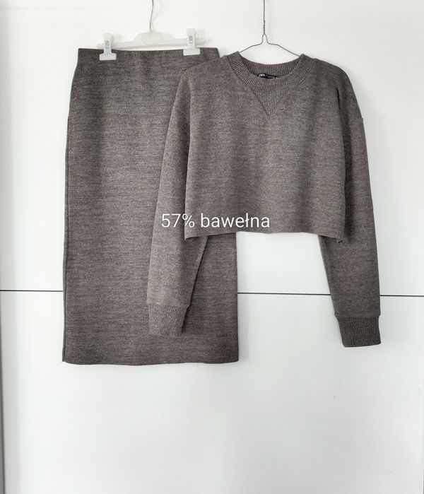 Komplet damski Zara 36 S brązowy taupe prążkowany set bawełniany spódnica bluza sweter