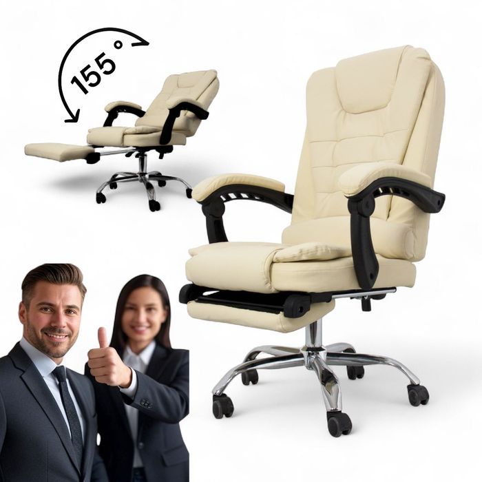 Fotel Biurowy Kremowy Wysuwany Podnóżek Krzesło ekoskóra PREMIUM‼️