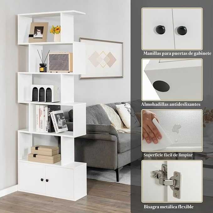 Estante para livros com portas em zig zag com rodas