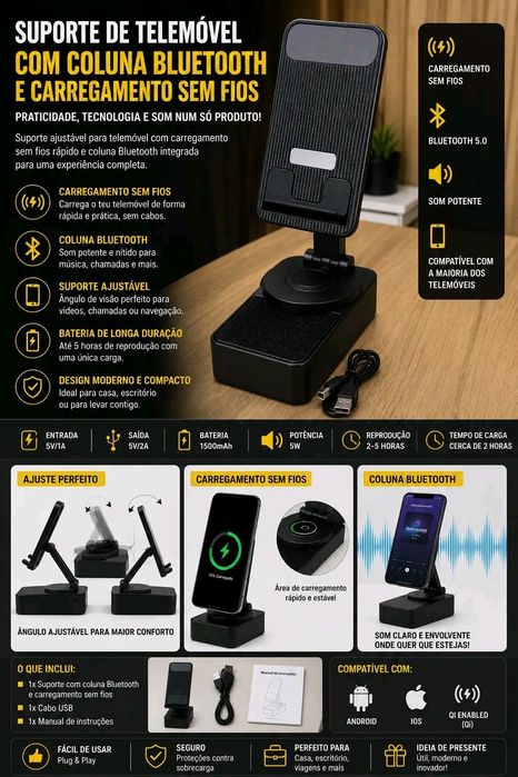 Suporte para Telemóvel com Coluna Bluetooth e Carregamento Sem Fios