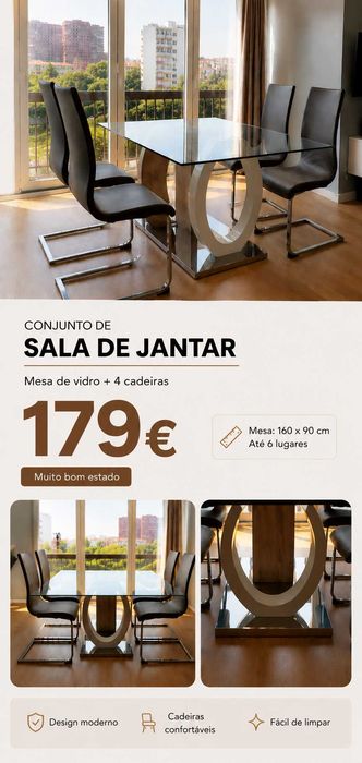 Conjunto Sala de Jantar – Mesa de Vidro 160x90 cm + 4 Cadeiras – 179€