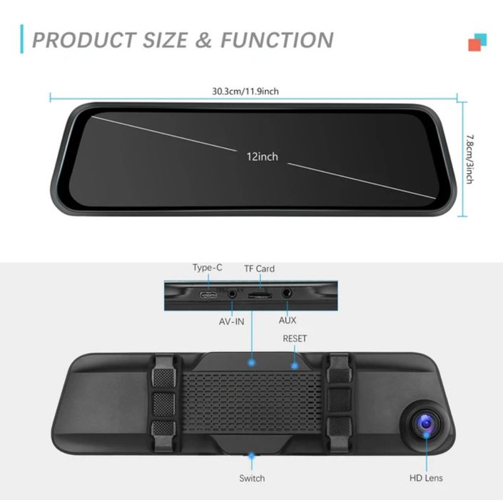 Espelho retrovisor 12 polegadas com Dashcam DVR 4K rádio FM Wi-Fi NOVO