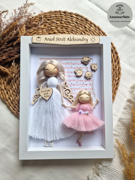 Ramka Anioł roczek makrama urodziny okazja prezent