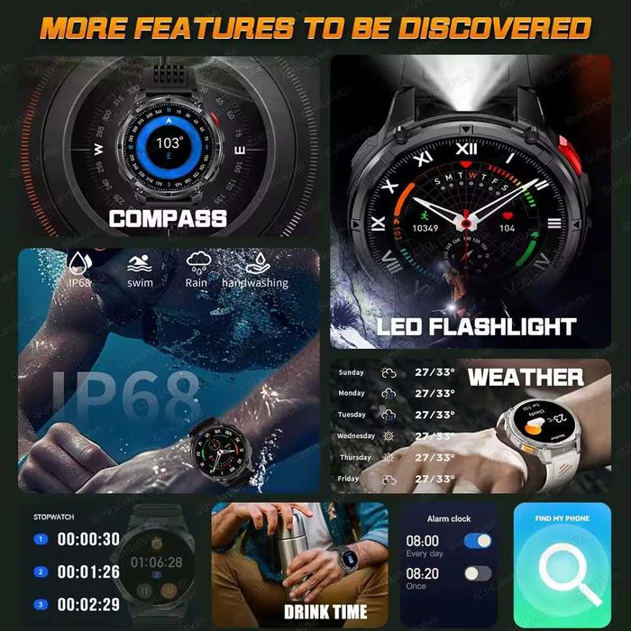 Смарт часы: VWAR HT33 MAX. NFC. Compass. 1100mAh. LED-фонарик.