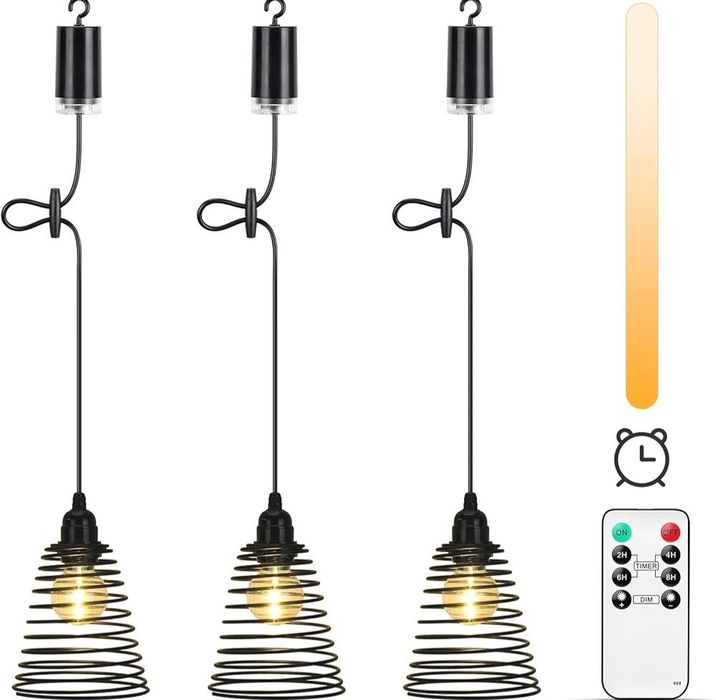 Zestaw 3 Lamp Wiszących na Baterie IP65 Pilot Timer Ogród Loft