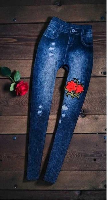 Spodnie Jegginsy A'la Jeansy Wysoki Stan Haft Kwiaty Przetarcia Boho