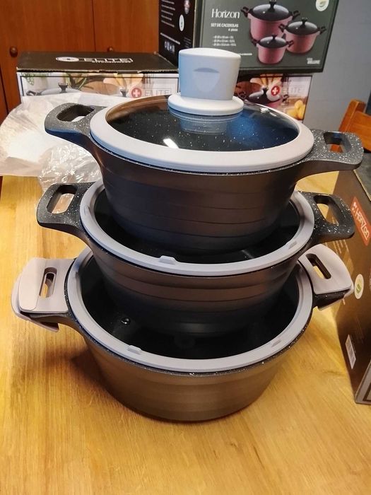 á venda:  conjunto de 3 panelas em cerâmica antiaderente da marca HORIZON.