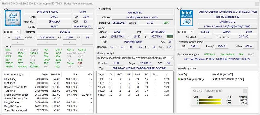 Acer E5-774g ekran 17,3"  Intel I5 6200U 12 GB RAM GTX950M  256GB SSD
