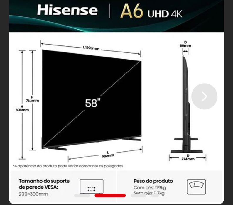 TV HISENSE 58’ Com um mês de uso urgente