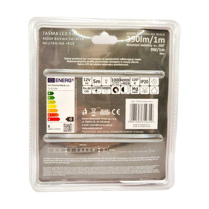 Taśma LED 12V 24W 300 LED 5m IP20 RGB + 4000K / 390lm