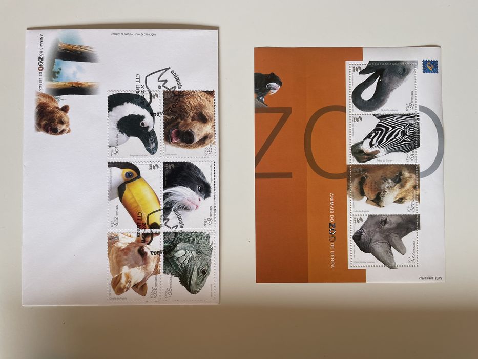 Selos e folha de bloco Animais do Zoo de Lisboa 2001