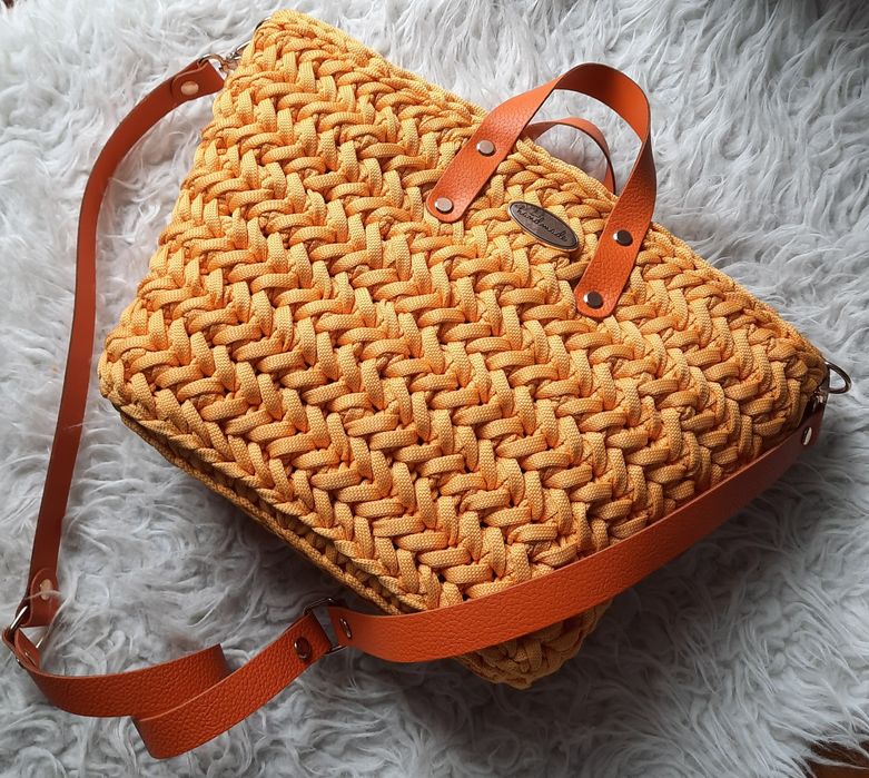 Torebka koszyk handmade melon pomarańczowa skóra pasek kłos