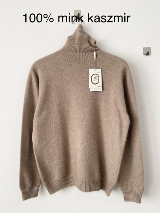 Nowy 100% mink cashmere beżowy sweter golf puszysty miękki naturalny