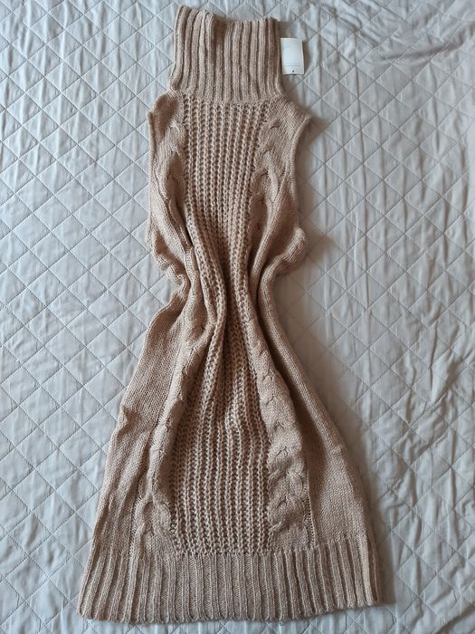 Dzianinowa sukienka, bezrękawnik, tunika, golf beżowa, L NOWA z metką,