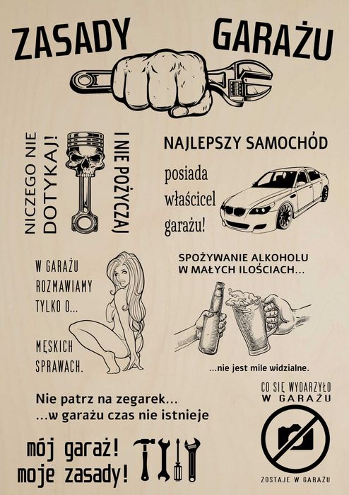ZASADY GARAŻU drewniana tabliczka z grawerem - A4