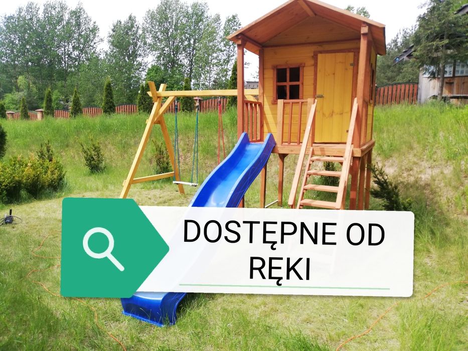 Domek dla dzieci z huśtawką, zjeżdżalnią i piaskownicą. TRANSPORT