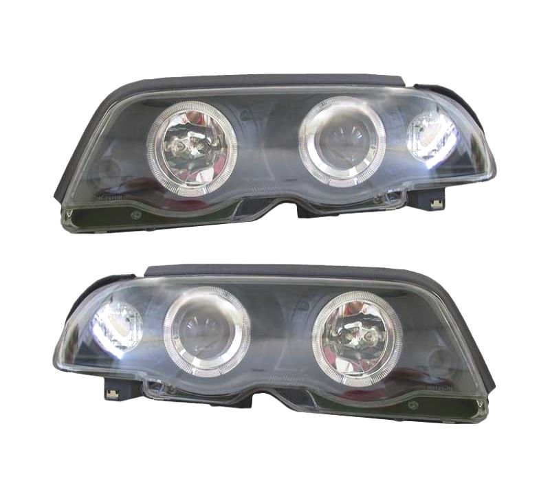 FARÓIS FRONTAIS BMW E46 4P 98-01 ANGEL EYES FUNDO PRETO