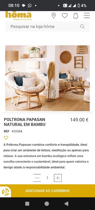 Poltrona papasan em rattan com almofada azul