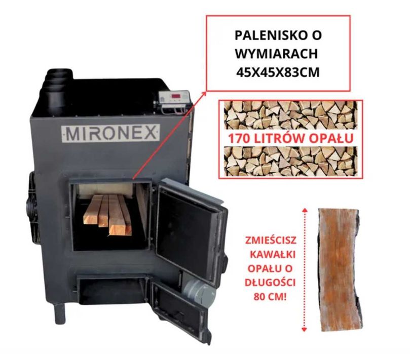 Piec z nadmuchem na wielkie kawałki drewna, 65kW. Mironex T800