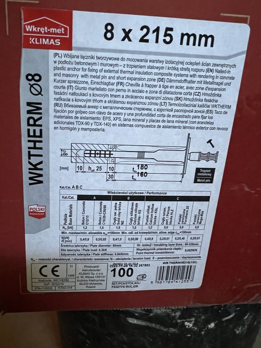 Klimas 8 x 215  kołki do styropianu 100 szt