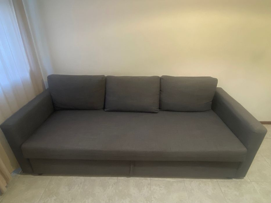 FRIHETEN Sofá-cama de 3 lugares, Skiftebo cinz esc