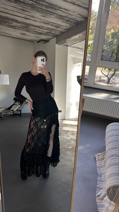 Черная кружевная юбка с шортами | Мереживна спідниця з воланами