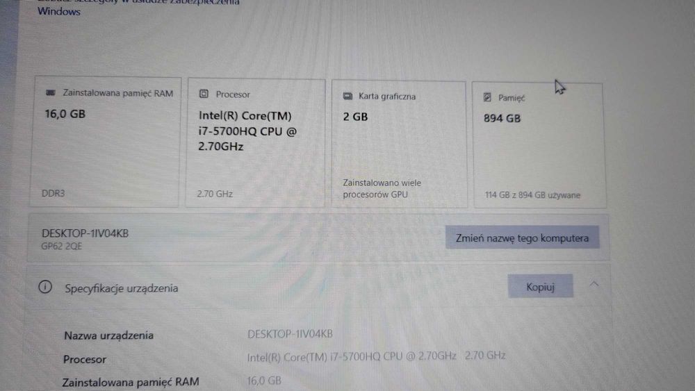 MSI GP62 2QE | i7 | 16GB RAM | SSD 960GB | sprawny | do pracy